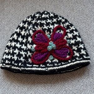 French Knot Black and White  Beanie with Purple Flower